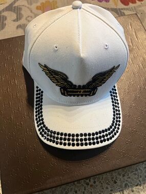 White Men's Robin’s jeanEmbroidered Wing Baseball Cap with Black Stud Trim